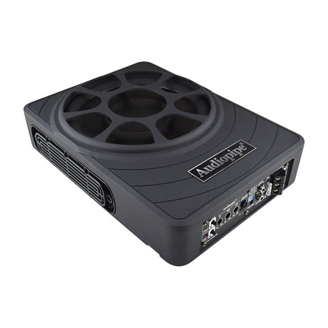 Angled view of a low-profile Audiopipe subwoofer showing its grille, side radiator and control panel