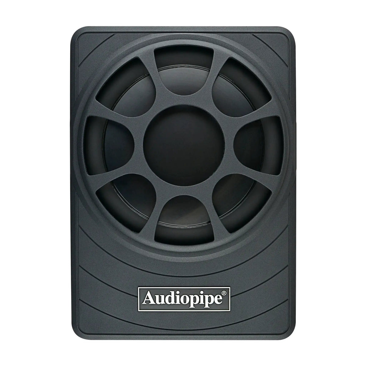 Top view of a low-profile Audiopipe subwoofer with a round protective grille in a rectangular black housing