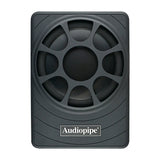 Top view of a low-profile Audiopipe subwoofer with a round protective grille in a rectangular black housing