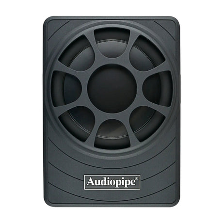 Top view of a low-profile Audiopipe subwoofer with a round protective grille in a rectangular black housing