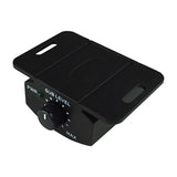 Black subwoofer-level control with a rotary knob, power indicator and slotted mounting bracket