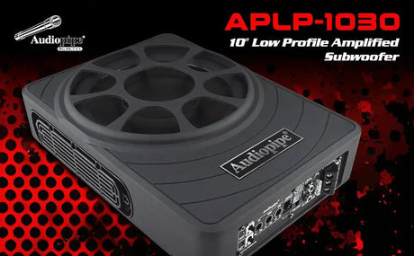 Audiopipe APLP-1030 promotional graphic showing a 10-inch low-profile amplified subwoofer