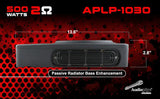 Audiopipe APLP-1030 graphic showing a passive radiator, 13.6-inch length, 2.8-inch height and 500W, 2-ohm labeling