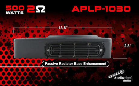 Audiopipe APLP-1030 graphic showing a passive radiator, 13.6-inch length, 2.8-inch height and 500W, 2-ohm labeling