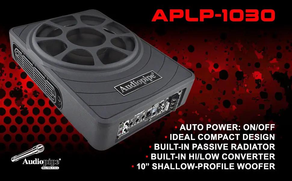 APLP-1030 feature graphic highlighting automatic power, compact design, passive radiator, high/low converter and 10-inch shallow woofer