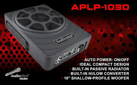 APLP-1030 feature graphic highlighting automatic power, compact design, passive radiator, high/low converter and 10-inch shallow woofer