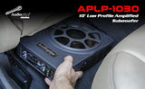 APLP-1030 graphic showing a low-profile subwoofer being positioned beneath a vehicle seat
