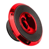 Angled red-trimmed speaker with a black grille and central red horn