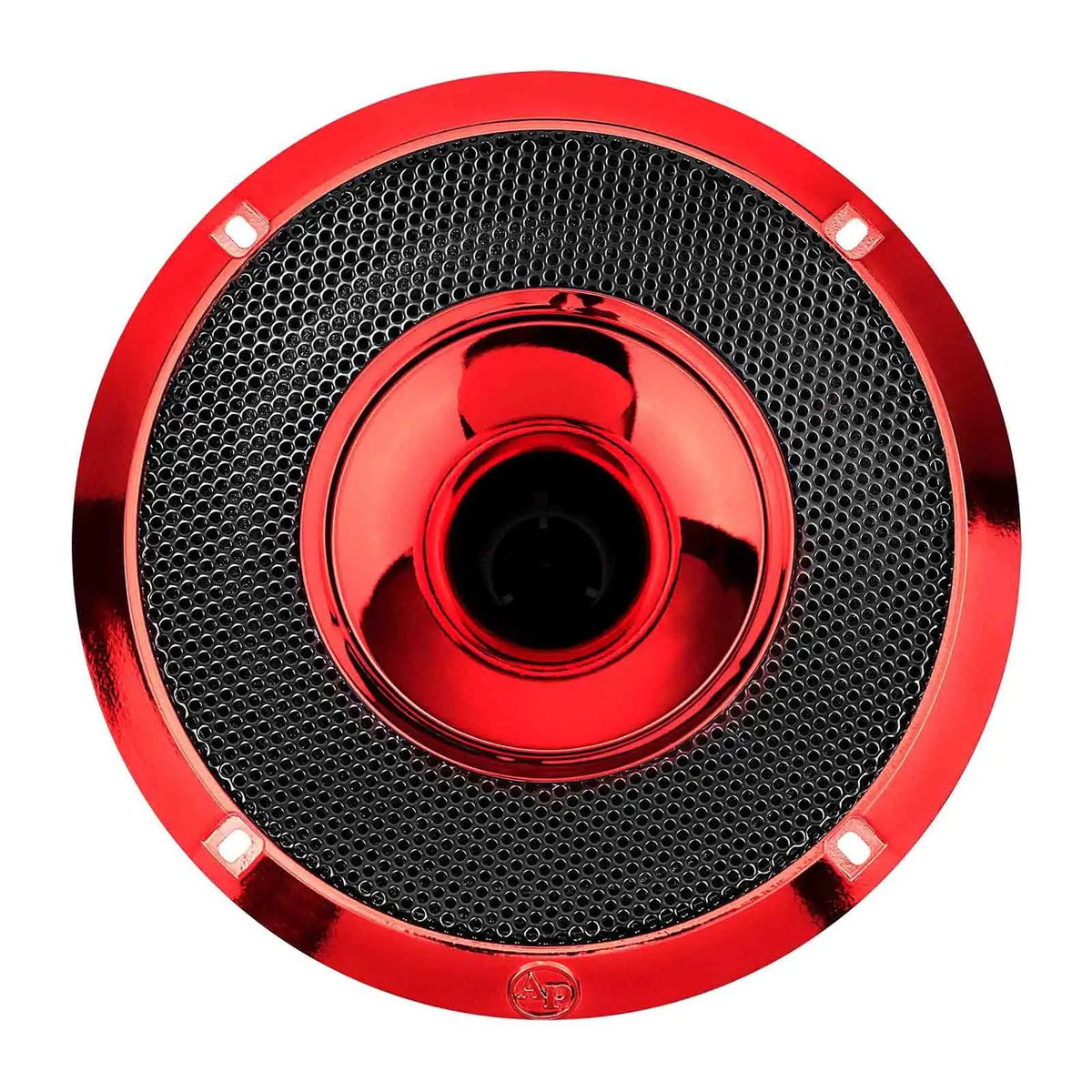 Red horn speaker front view with a mesh grille and glossy red center horn