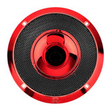 Red horn speaker front view with a mesh grille and glossy red center horn