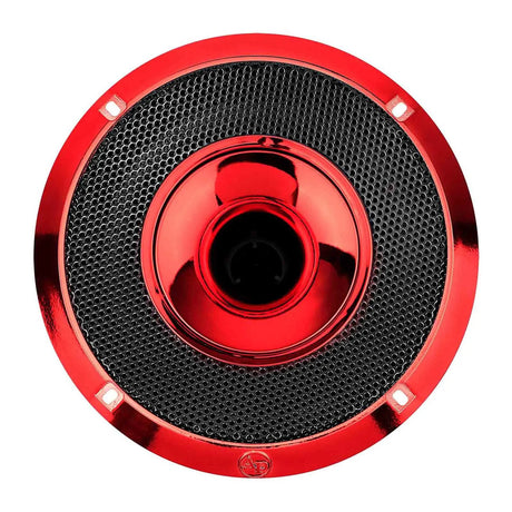 Red horn speaker front view with a mesh grille and glossy red center horn