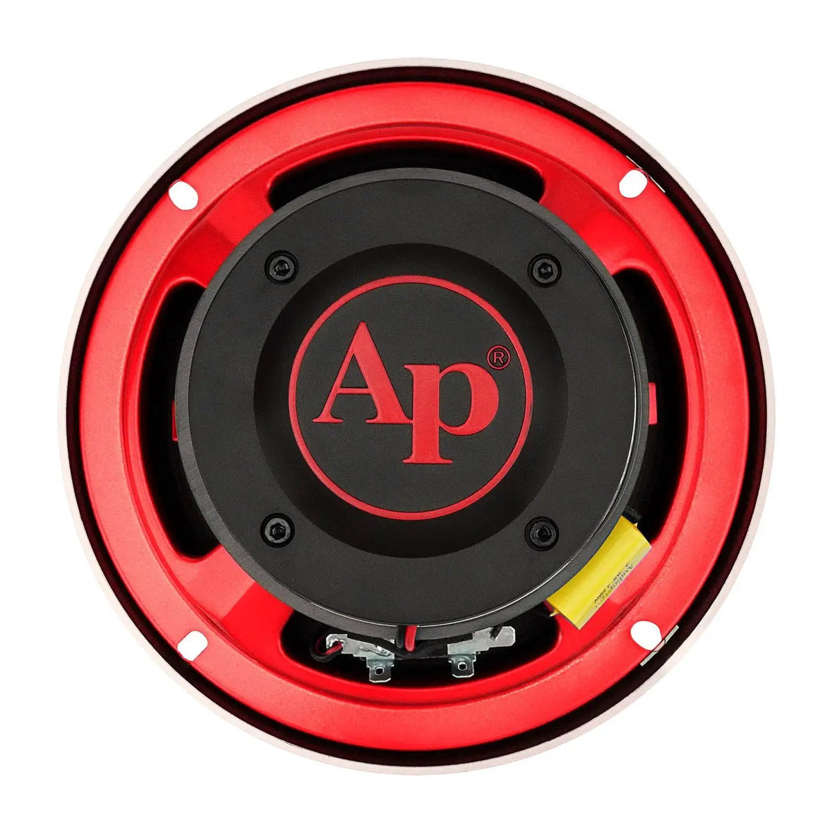 Red horn speaker rear view showing the black AP-logo magnet cover and yellow capacitor