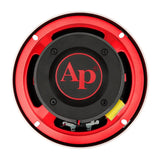 Red horn speaker rear view showing the black AP-logo magnet cover and yellow capacitor