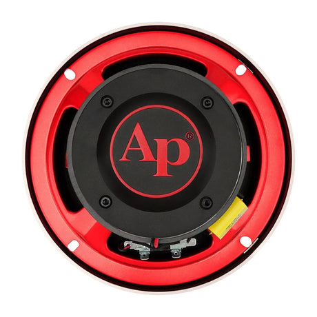 Red horn speaker rear view showing the black AP-logo magnet cover and yellow capacitor