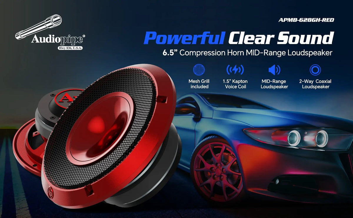 Audiopipe APMB-628GH-RED feature card showing red horn speakers and listed 6.5-inch speaker features