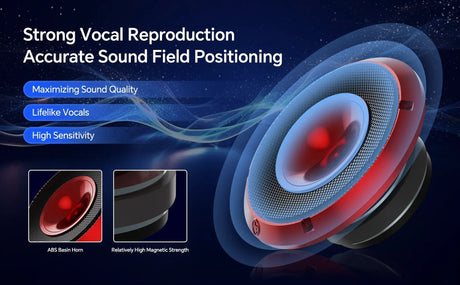 Red horn speaker sound-quality graphic with sound waves and close-ups of the horn and magnet