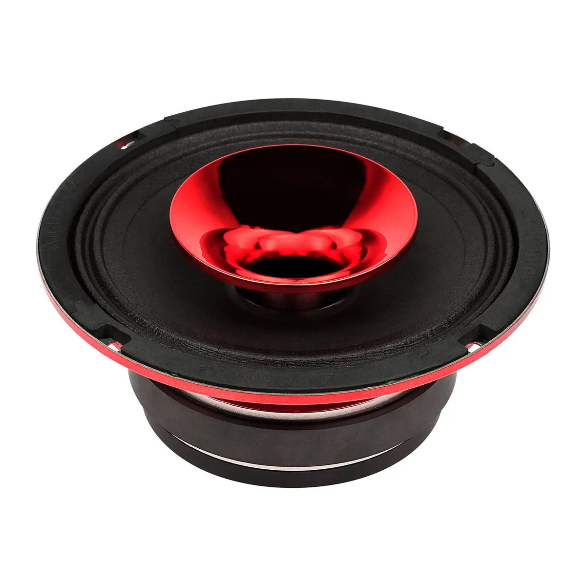 Red horn speaker front angle showing its exposed black cone, red horn and magnet