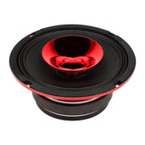 Red horn speaker front angle showing its exposed black cone, red horn and magnet