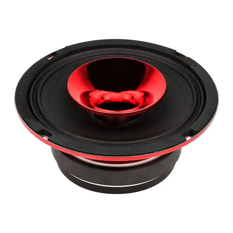 Red horn speaker front angle showing its exposed black cone, red horn and magnet
