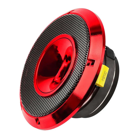 Red horn speaker front angle with a metal mesh grille and visible side capacitor