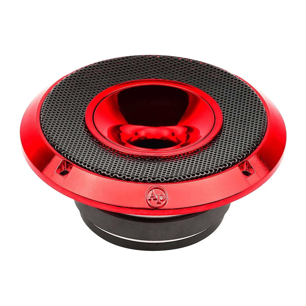 Red horn speaker top angle with a metal mesh grille and glossy center horn
