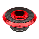 Red horn speaker top angle with a metal mesh grille and glossy center horn