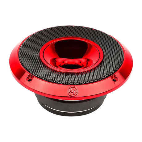 Red horn speaker top angle with a metal mesh grille and glossy center horn