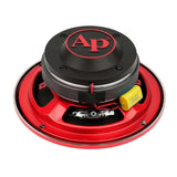 Audiopipe loudspeaker rear angle showing its red basket, black cover, capacitor and terminals