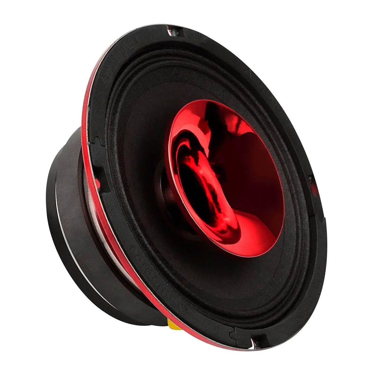Audiopipe speaker with a red center horn and exposed black cone, angled view
