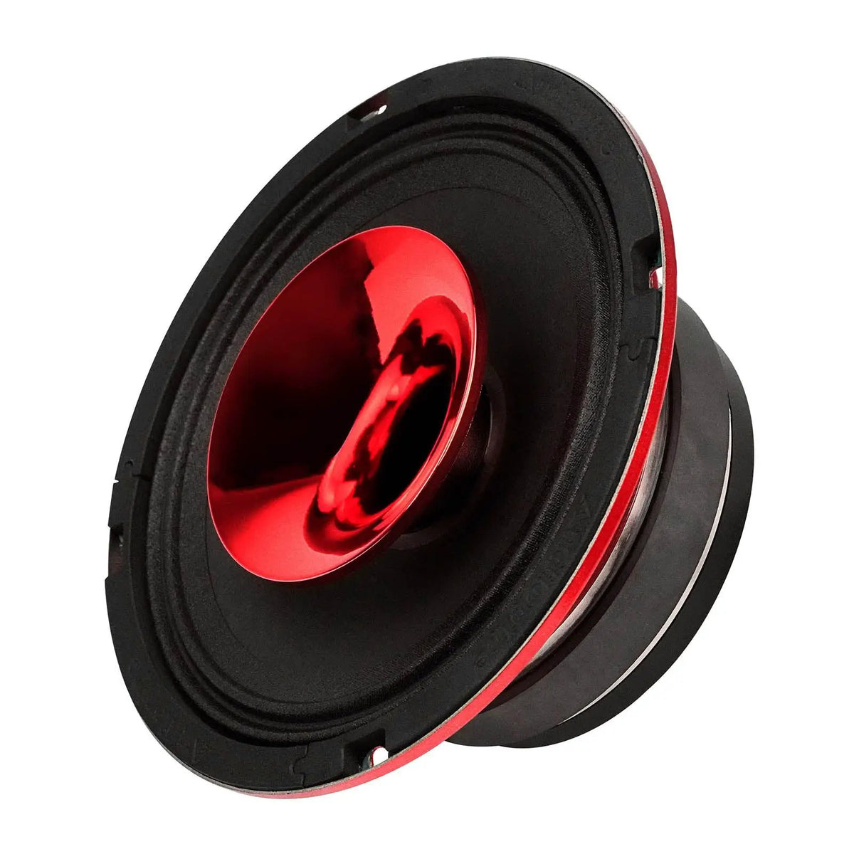 Audiopipe speaker with a red center horn and exposed black cone, opposite angle