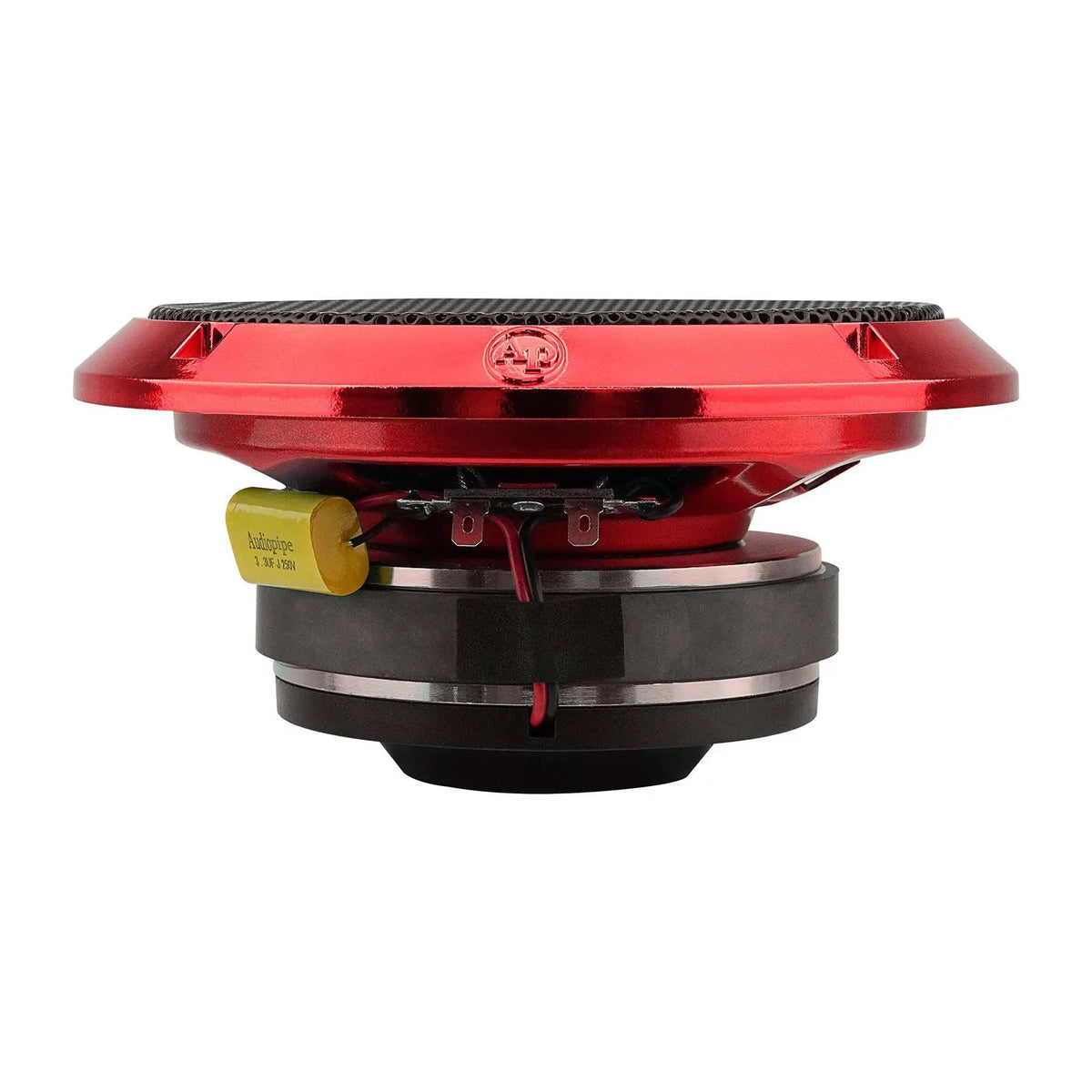Audiopipe loudspeaker side view showing its red basket, magnet, capacitor and mesh grille