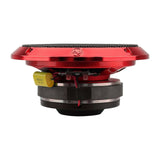 Audiopipe loudspeaker side view showing its red basket, magnet, capacitor and mesh grille