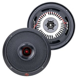Front and rear views of Audiopipe APMB-CX600 speakers with a black grille, red center and finned rear housing
