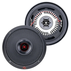 Front and rear views of Audiopipe APMB-CX600 speakers with a black grille, red center and finned rear housing