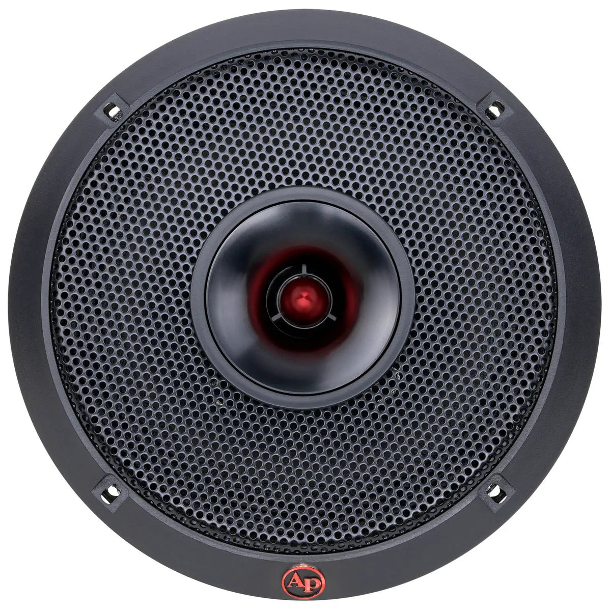 Audiopipe loudspeaker front view with a black mesh grille and red bullet-shaped center