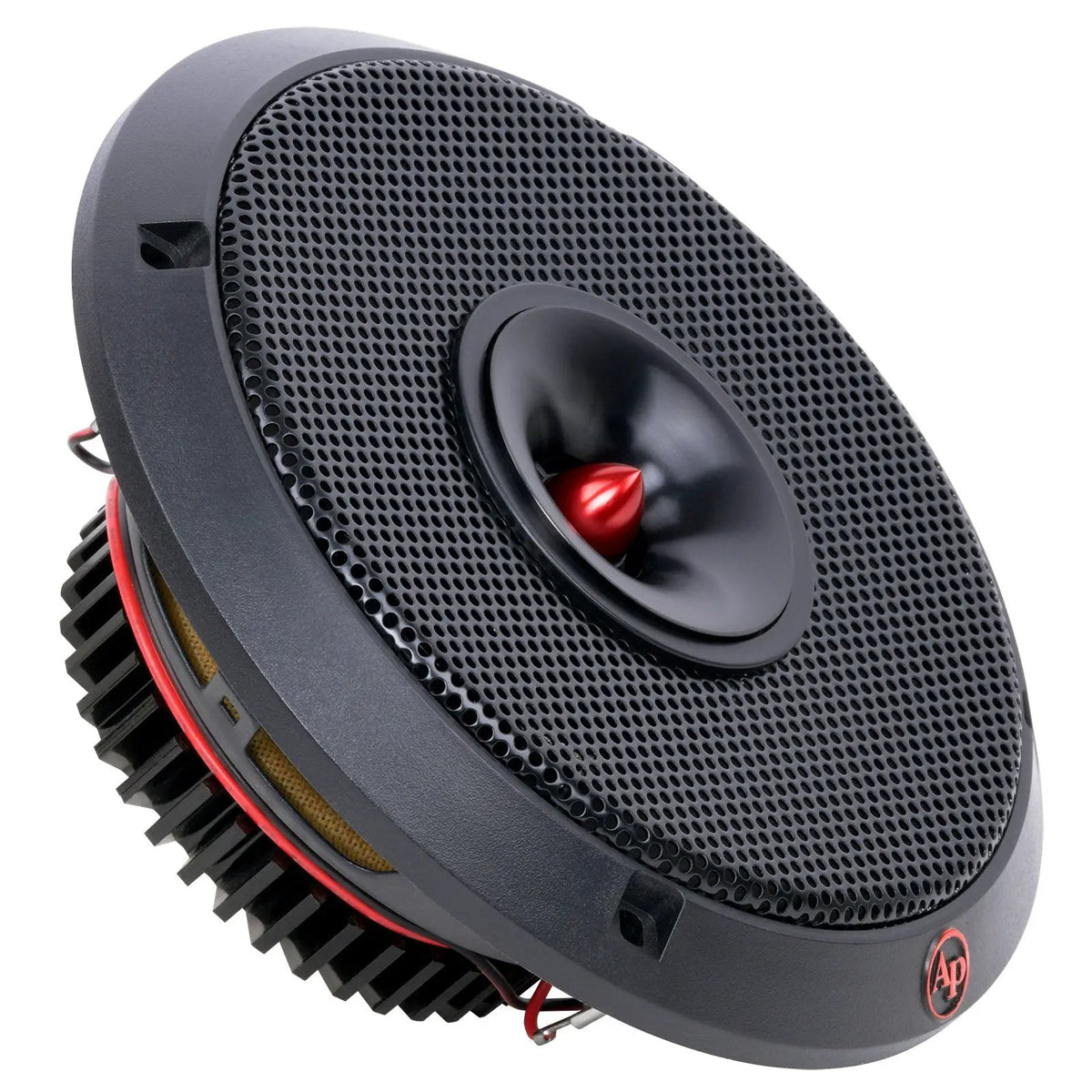Angled round speaker with a perforated black grille, red bullet center and finned rear housing