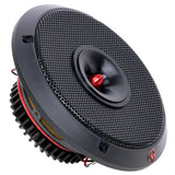 Angled round speaker with a perforated black grille, red bullet center and finned rear housing