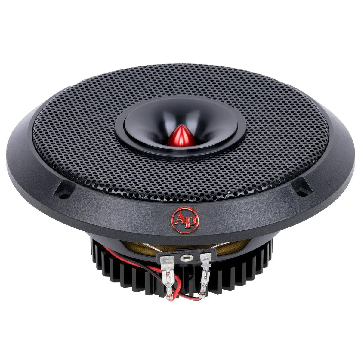 Angled view of Audiopipe loudspeaker with mesh grille, red center and finned rear housing