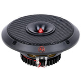 Angled view of Audiopipe loudspeaker with mesh grille, red center and finned rear housing