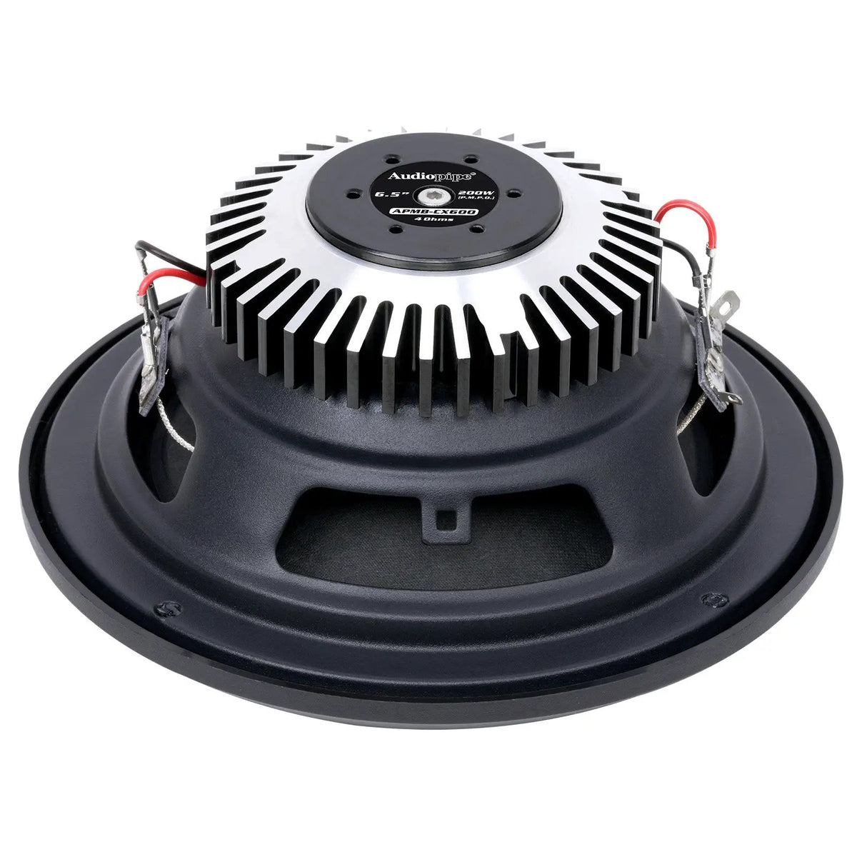 Rear of a round Audiopipe speaker, showing a radial silver finned housing, red wire and blade terminals
