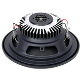 Rear of a round Audiopipe speaker, showing a radial silver finned housing, red wire and blade terminals