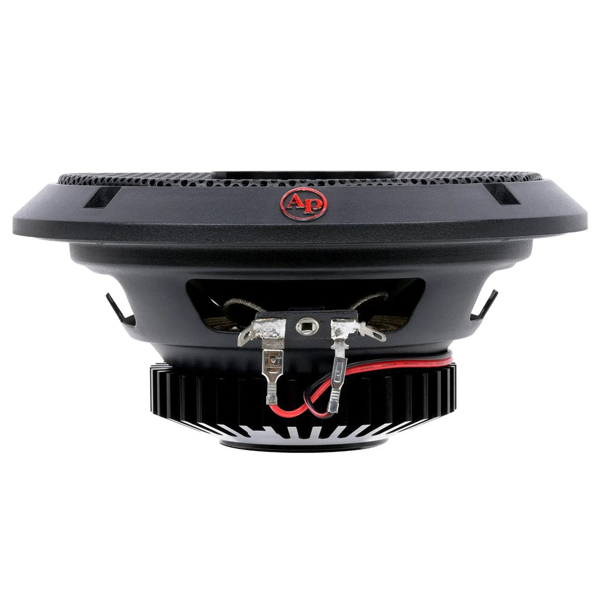 Side of Audiopipe loudspeaker showing its grille, finned rear housing and connection terminals