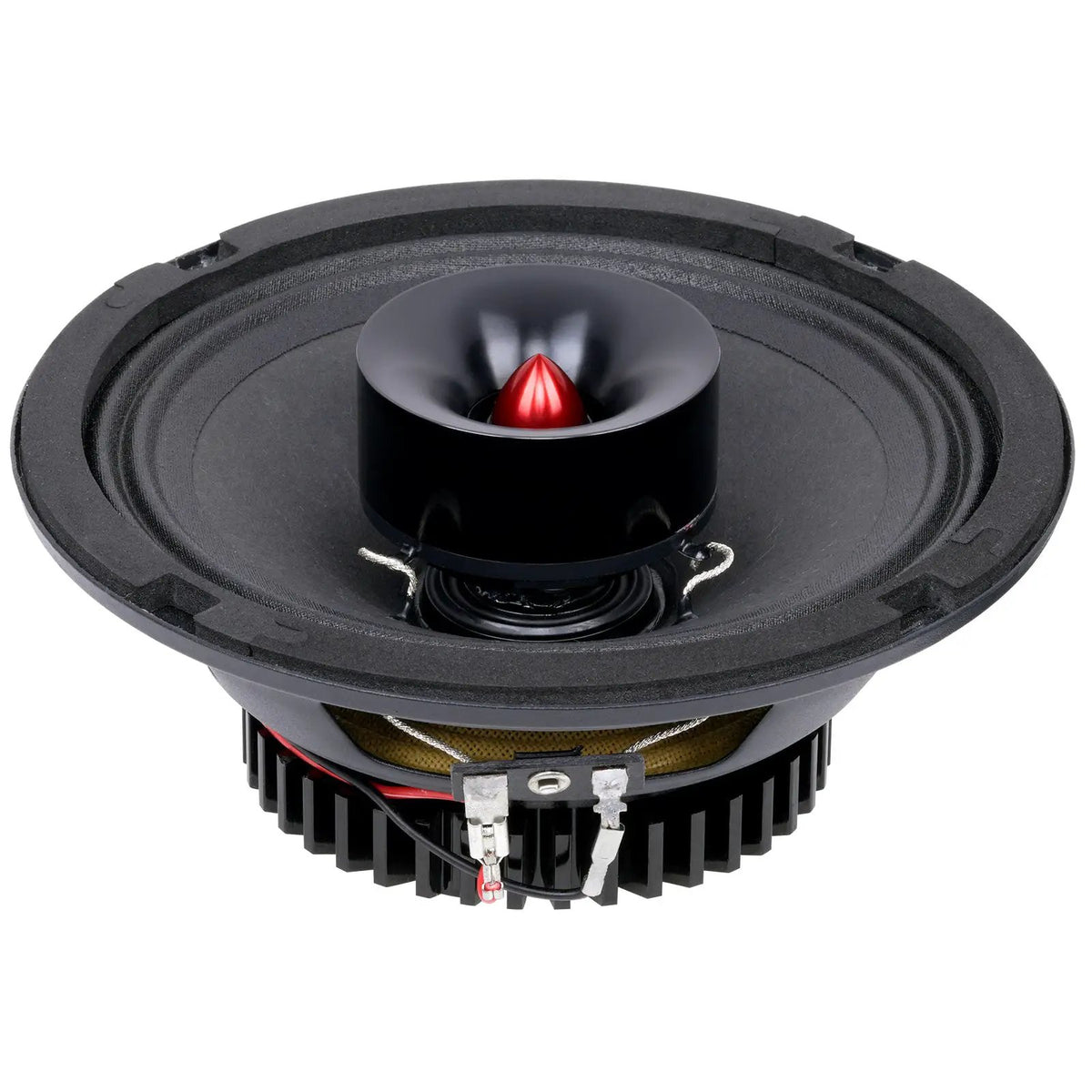Audiopipe loudspeaker with its grille removed, showing a black cone, center horn and red bullet-shaped center