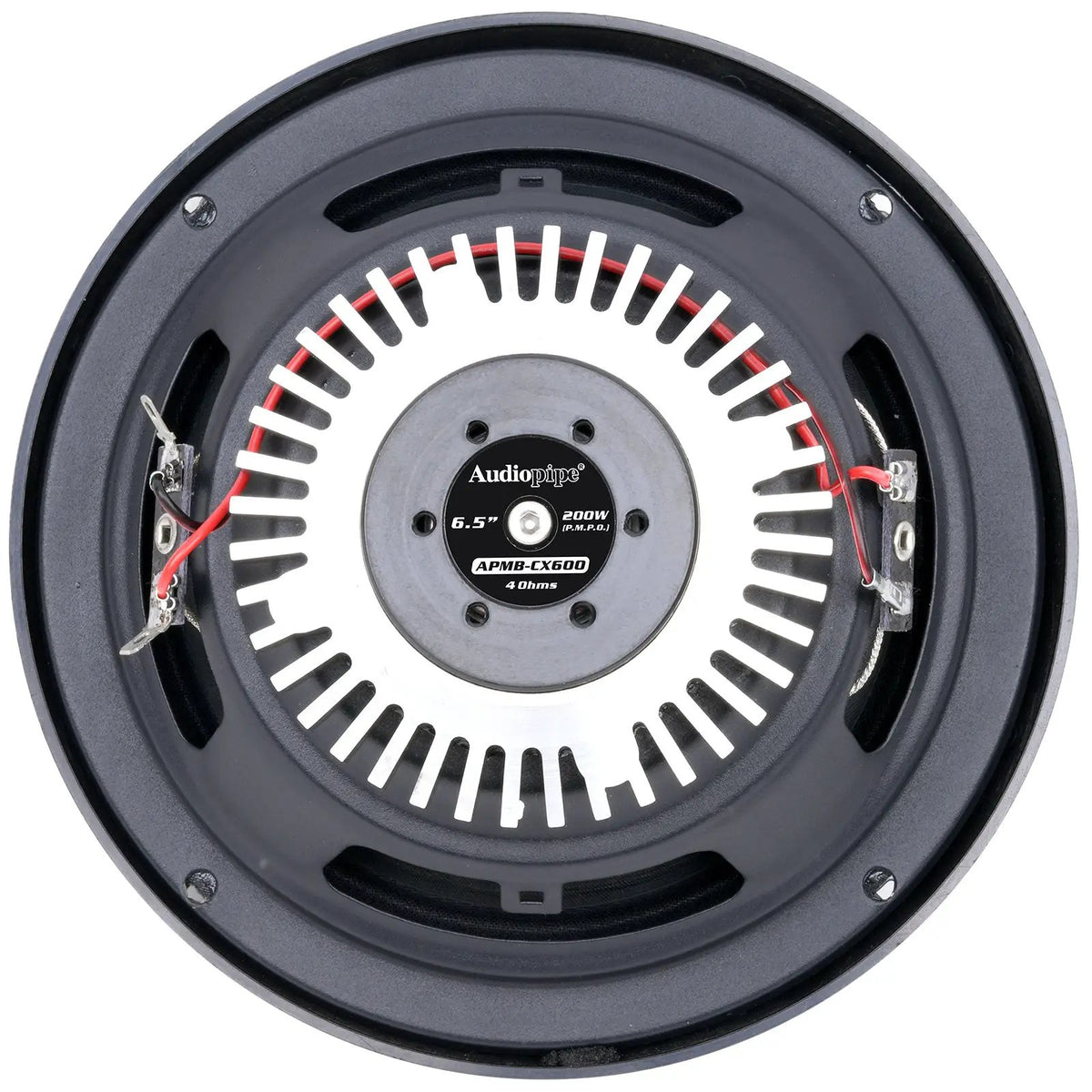 Audiopipe loudspeaker rear view showing its black basket, silver finned magnet assembly and red wiring