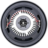 Audiopipe loudspeaker rear view showing its black basket, silver finned magnet assembly and red wiring
