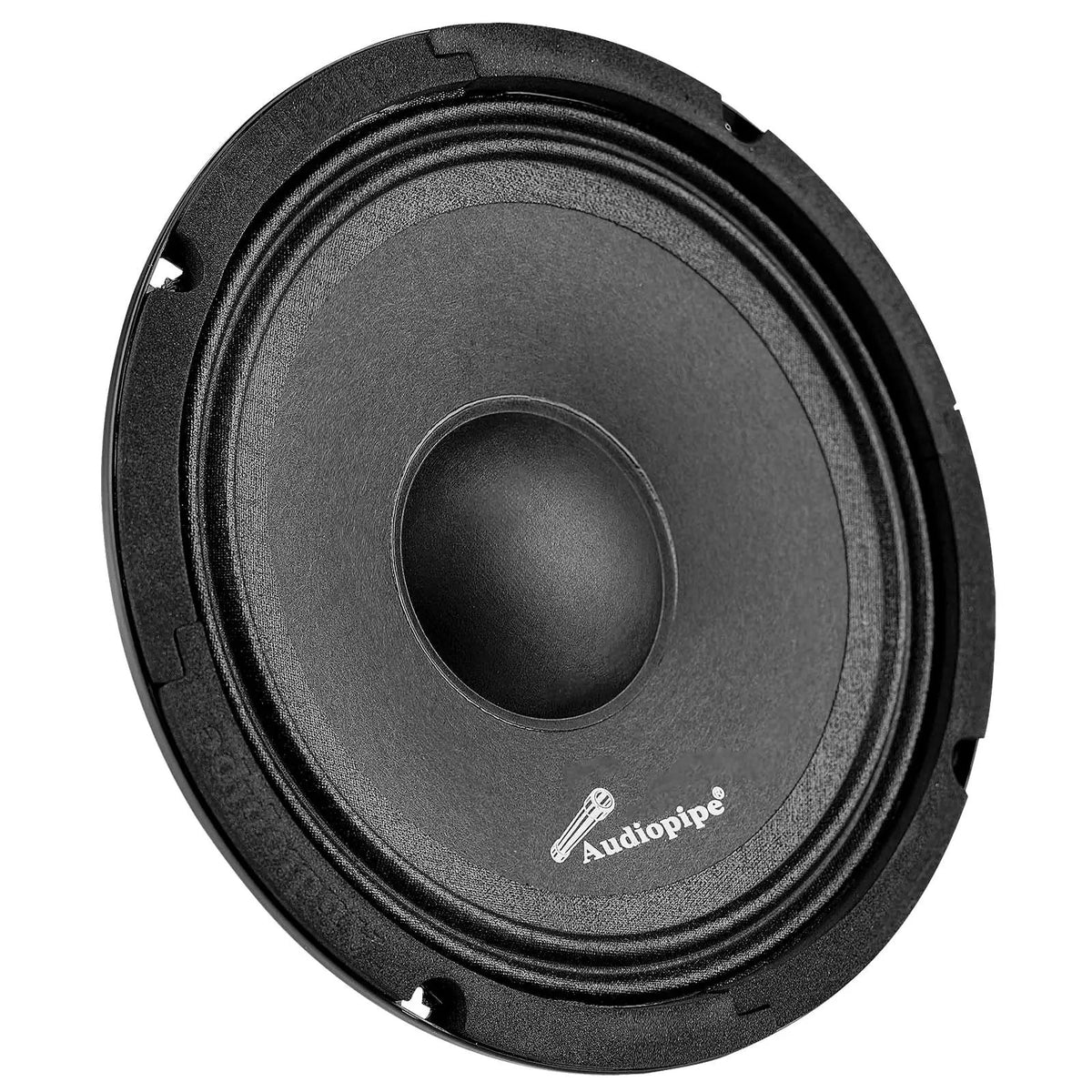 Angled front view of a black Audiopipe speaker with a plain cone and domed dust cap