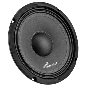 Angled front view of a black Audiopipe speaker with a plain cone and domed dust cap