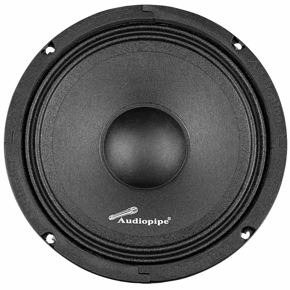 Front view of a black Audiopipe speaker with a plain cone, domed dust cap and four mounting holes