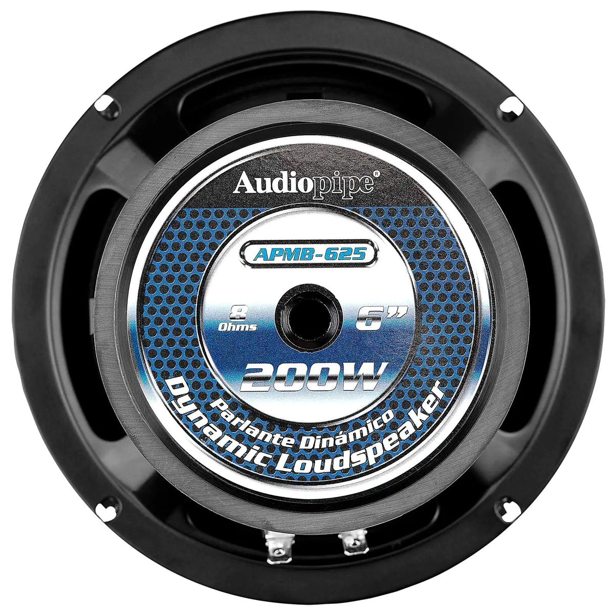Audiopipe APMB-625 loudspeaker rear view showing its labeled magnet, basket and terminals