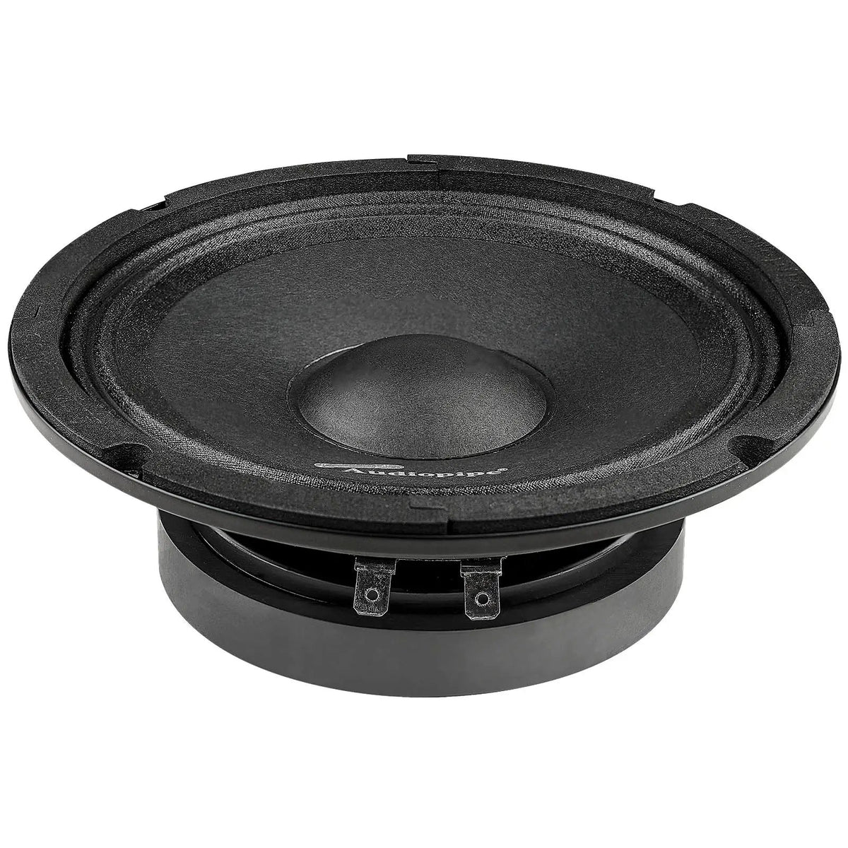Low angled view of a black speaker showing its cone, shallow basket and two spade terminals